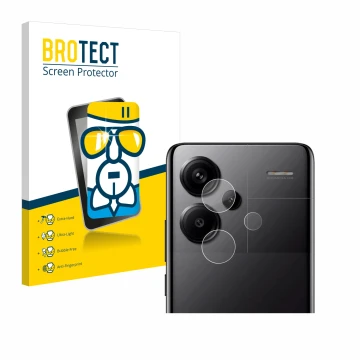 Face avant d’un emballage produit avec le logo de la marque BROTECT. À côté, l’appareil Xiaomi Redmi Note 13 Pro+ 5G (Caméra U