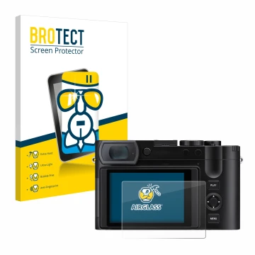 Face avant d’un emballage produit avec le logo de la marque BROTECT. À côté, l’appareil Leica Q3 43 est représenté avec la pro