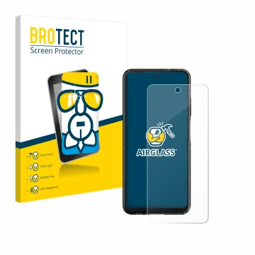 Face avant d’un emballage produit avec le logo de la marque BROTECT. À côté, l’appareil HMD Fusion est représenté avec la prot