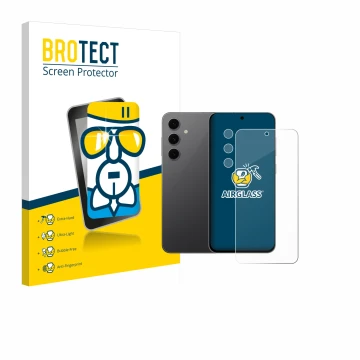 Face avant d’un emballage produit avec le logo de la marque BROTECT. À côté, l’appareil Samsung Galaxy S24 FE (Avant+Caméra) e