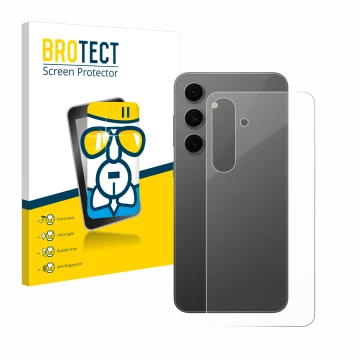 Face avant d’un emballage produit avec le logo de la marque BROTECT. À côté, l’appareil Samsung Galaxy S24 FE (Arrière) est re