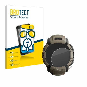 Face avant d’un emballage produit avec le logo de la marque BROTECT. À côté, l’appareil Garmin Instinct 2X Solar Tactical Edit