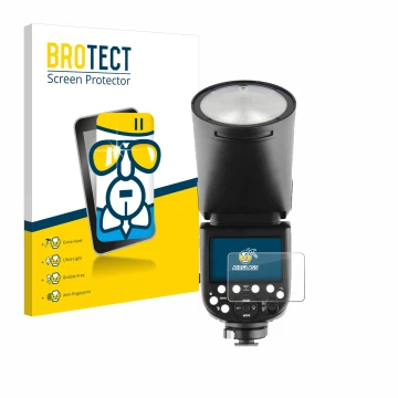 Face avant d’un emballage produit avec le logo de la marque BROTECT. À côté, l’appareil Godox TT685 II est représenté avec la 