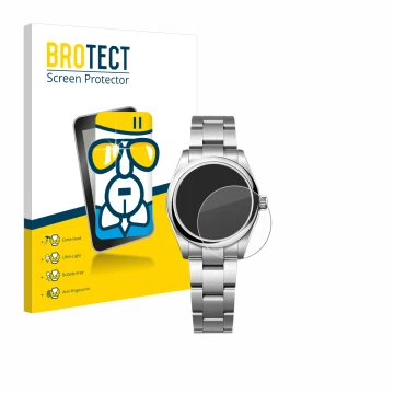 Face avant d’un emballage produit avec le logo de la marque BROTECT. À côté, l’appareil Rolex Oyster Perpetual 31 est représen