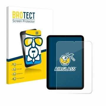 Face avant d’un emballage produit avec le logo de la marque BROTECT. À côté, l’appareil Apple iPad Mini 7 2024 est représenté 