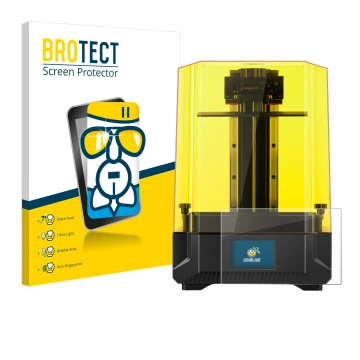 Face avant d’un emballage produit avec le logo de la marque BROTECT. À côté, l’appareil Anycubic Photon Mono X2 9,1