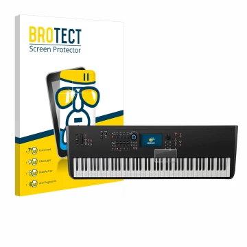 Face avant d’un emballage produit avec le logo de la marque BROTECT. À côté, l’appareil Yamaha MODX8+ est représenté avec la p