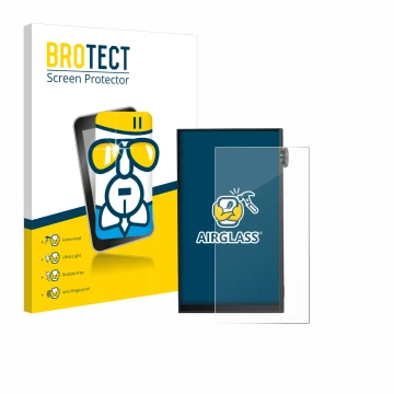 Face avant d’un emballage produit avec le logo de la marque BROTECT. À côté, l’appareil iBasso DX180 est représenté avec la pr