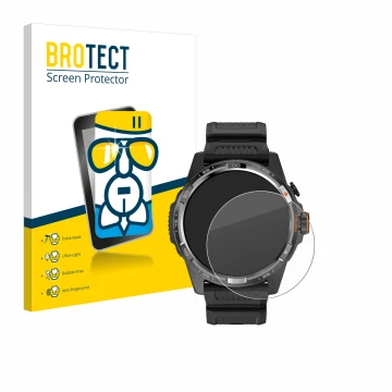 Face avant d’un emballage produit avec le logo de la marque BROTECT. À côté, l’appareil Mobvoi Ticwatch Atlas est représenté a