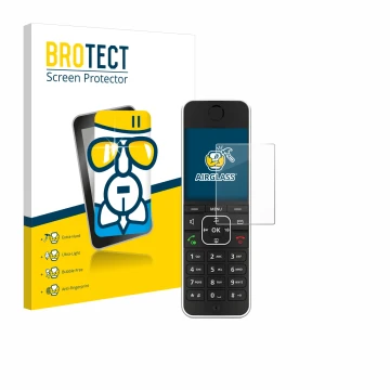 Face avant d’un emballage produit avec le logo de la marque BROTECT. À côté, l’appareil AVM Fritz!Fon C6 Black est représenté 