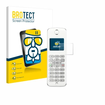 Face avant d’un emballage produit avec le logo de la marque BROTECT. À côté, l’appareil AVM Fritz!Fon M2 est représenté avec l