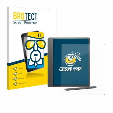 Face avant d’un emballage produit avec le logo de la marque BROTECT. À côté, l’appareil Amazon Kindle Scribe 2024 est représen