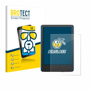 Face avant d’un emballage produit avec le logo de la marque BROTECT. À côté, l’appareil Amazon Kindle Kids (2024) est représen