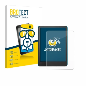 Face avant d’un emballage produit avec le logo de la marque BROTECT. À côté, l’appareil Amazon Kindle Paperwhite Kids 2024 est