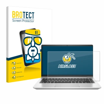 Face avant d’un emballage produit avec le logo de la marque BROTECT. À côté, l’appareil HP ProBook 445 G9 est représenté avec 