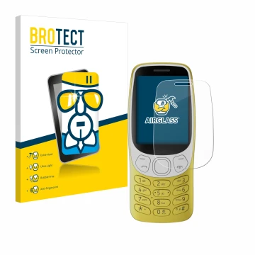 Face avant d’un emballage produit avec le logo de la marque BROTECT. À côté, l’appareil Nokia 3210 est représenté avec la prot