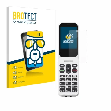 Face avant d’un emballage produit avec le logo de la marque BROTECT. À côté, l’appareil Doro Leva L20 est représenté avec la p