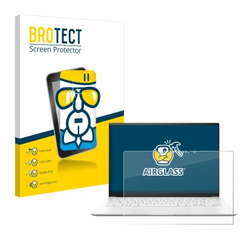 Face avant d’un emballage produit avec le logo de la marque BROTECT. À côté, l’appareil ASUS ZenBook S 14 UX5406 est représent