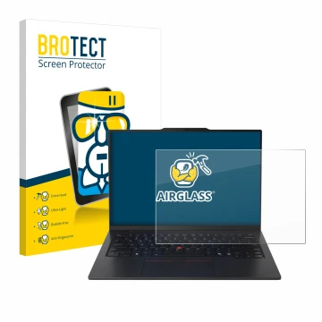 Face avant d’un emballage produit avec le logo de la marque BROTECT. À côté, l’appareil Lenovo ThinkPad X1 Carbon Gen 13 14