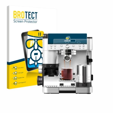 Face avant d’un emballage produit avec le logo de la marque BROTECT. À côté, l’appareil Ninja Luxe Cafe Premier ES601EU est re