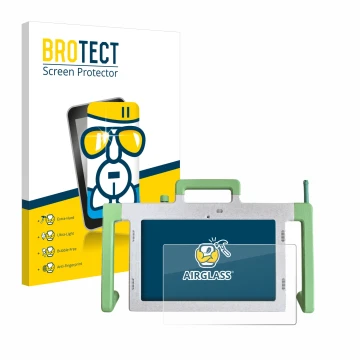 Face avant d’un emballage produit avec le logo de la marque BROTECT. À côté, l’appareil Telemarie Tablet 10.1