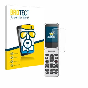 Face avant d’un emballage produit avec le logo de la marque BROTECT. À côté, l’appareil Doro 2820 est représenté avec la prote