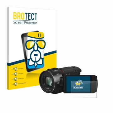 Face avant d’un emballage produit avec le logo de la marque BROTECT. À côté, l’appareil Panasonic HC-VX3 est représenté avec l