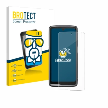 Face avant d’un emballage produit avec le logo de la marque BROTECT. À côté, l’appareil Crosscall Stellar M6 est représenté av