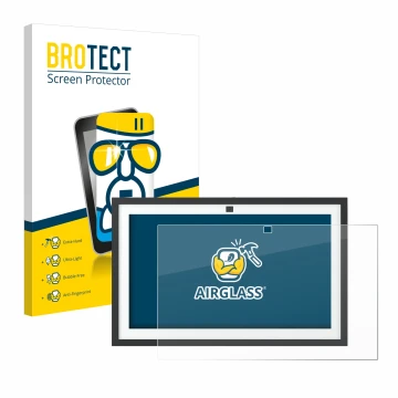 Face avant d’un emballage produit avec le logo de la marque BROTECT. À côté, l’appareil Amazon Echo Show 15 2024 est représent