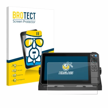 Face avant d’un emballage produit avec le logo de la marque BROTECT. À côté, l’appareil Lowrance HDS-9 Pro est représenté avec