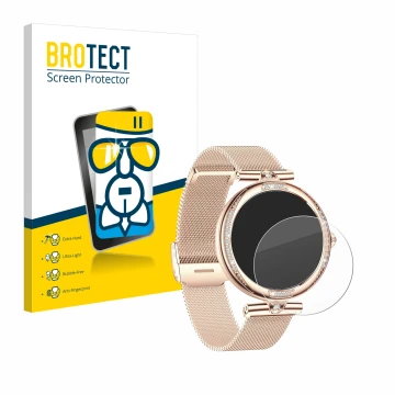 Face avant d’un emballage produit avec le logo de la marque BROTECT. À côté, l’appareil Bekomiya Smartwatch 1.19