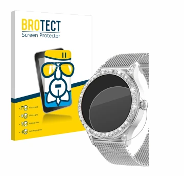 Face avant d’un emballage produit avec le logo de la marque BROTECT. À côté, l’appareil Powerwill Smartwatch 1.27