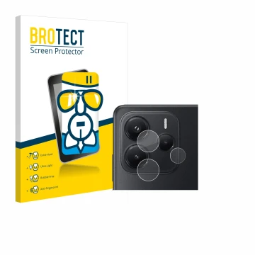 Face avant d’un emballage produit avec le logo de la marque BROTECT. À côté, l’appareil Xiaomi Redmi Note 14 (Caméra UNIQUEMEN