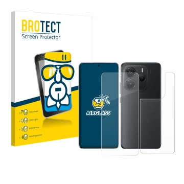 Face avant d’un emballage produit avec le logo de la marque BROTECT. À côté, l’appareil Xiaomi Redmi Note 14 (Avant+Arrière) e