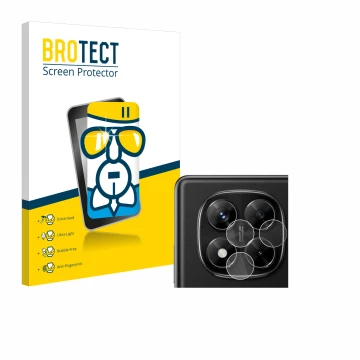 Face avant d’un emballage produit avec le logo de la marque BROTECT. À côté, l’appareil Xiaomi Redmi Note 14 Pro (Caméra UNIQU