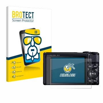 Face avant d’un emballage produit avec le logo de la marque BROTECT. À côté, l’appareil Canon PowerShot SX740 HS Lite est repr