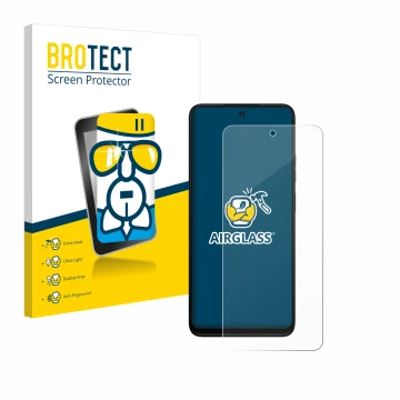 Face avant d’un emballage produit avec le logo de la marque BROTECT. À côté, l’appareil Motorola Moto G35 est représenté avec 