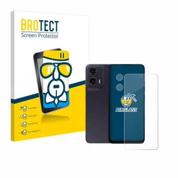 Face avant d’un emballage produit avec le logo de la marque BROTECT. À côté, l’appareil Motorola Moto G35 (Avant+Caméra) est r