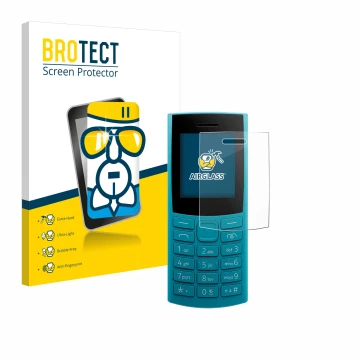 Face avant d’un emballage produit avec le logo de la marque BROTECT. À côté, l’appareil Nokia 105 4G 2nd Edition est représent
