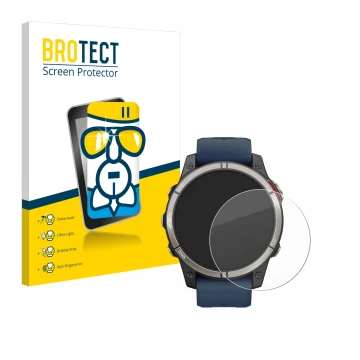 Face avant d’un emballage produit avec le logo de la marque BROTECT. À côté, l’appareil Garmin quatix 7 Pro est représenté ave