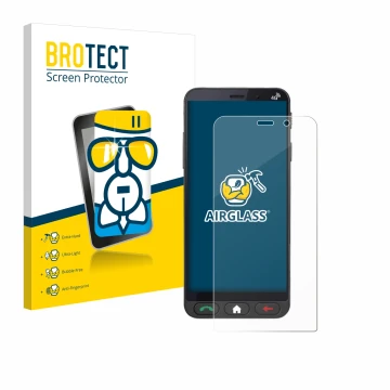 Face avant d’un emballage produit avec le logo de la marque BROTECT. À côté, l’appareil Brondi Amico Vero 4G est représenté av