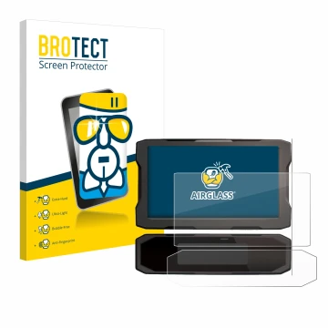 Face avant d’un emballage produit avec le logo de la marque BROTECT. À côté, l’appareil Honda CRF1100L 2024 Affichage de la vi