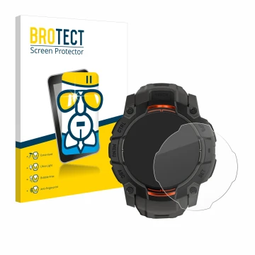 Face avant d’un emballage produit avec le logo de la marque BROTECT. À côté, l’appareil Garmin Instinct 3 Solar (45 mm) est re