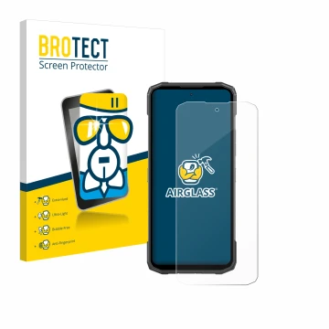 Face avant d’un emballage produit avec le logo de la marque BROTECT. À côté, l’appareil Doogee Blade 10 Power est représenté a