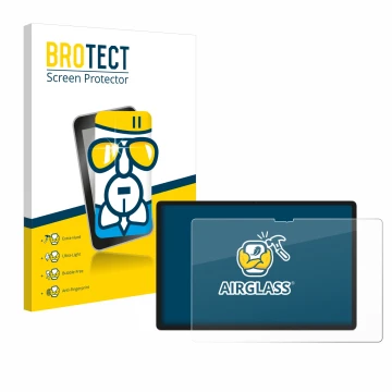 Face avant d’un emballage produit avec le logo de la marque BROTECT. À côté, l’appareil Lenovo Yoga Tab 2025 est représenté av