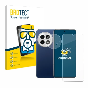 Face avant d’un emballage produit avec le logo de la marque BROTECT. À côté, l’appareil OnePlus 13 (Avant+Caméra) est représen