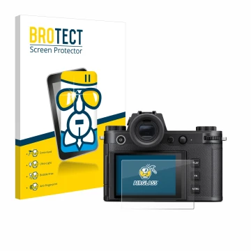 Face avant d’un emballage produit avec le logo de la marque BROTECT. À côté, l’appareil Leica SL3-S est représenté avec la pro