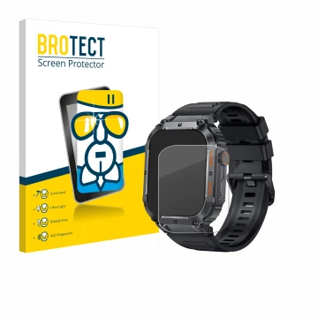 Face avant d’un emballage produit avec le logo de la marque BROTECT. À côté, l’appareil bedee Smartwatch 1.96