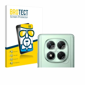 Face avant d’un emballage produit avec le logo de la marque BROTECT. À côté, l’appareil Xiaomi Poco X7 (Caméra UNIQUEMENT) est