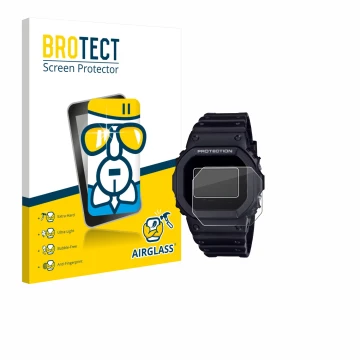 Face avant d’un emballage produit avec le logo de la marque BROTECT. À côté, l’appareil Casio G-Shock DW-5600RL-1 est représen